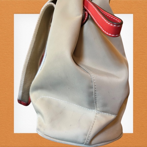 Authentic Coach Nylon Red Leather Trim Tote Bag Style 5656 Tan Shoulder Purse - Picture 5 of 16